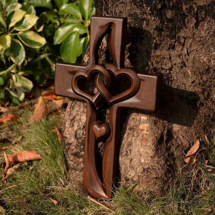 ✝️Croix de mariage murale en bois❤️Cœurs entrelacés, symbole d’amour & foi – Prête à accrocher !