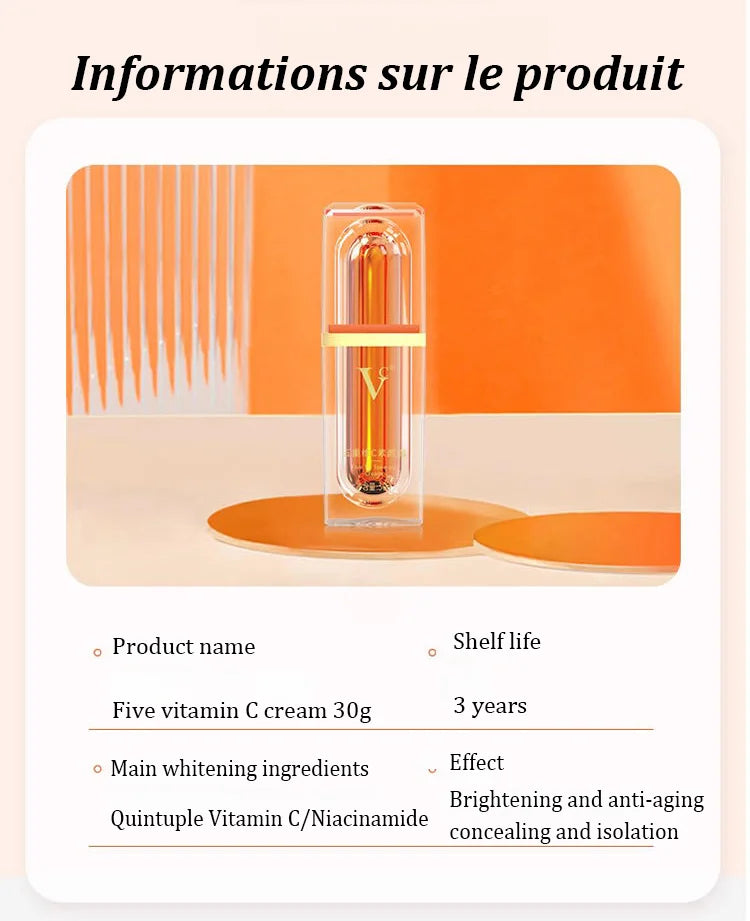 Crème visage sans maquillage avec vitamine C en cinq couches !  Faites briller votre peau naturellement, obtenez un teint parfait sans effort !