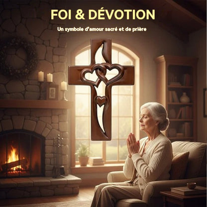 ✝️Croix de mariage murale en bois❤️Cœurs entrelacés, symbole d’amour & foi – Prête à accrocher !